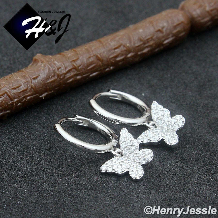 WOMEN SOLID 925 STERLING SILVER ICY CZ BUTTERFLY DANGLE HUGGIE HOOP EARRING*E253