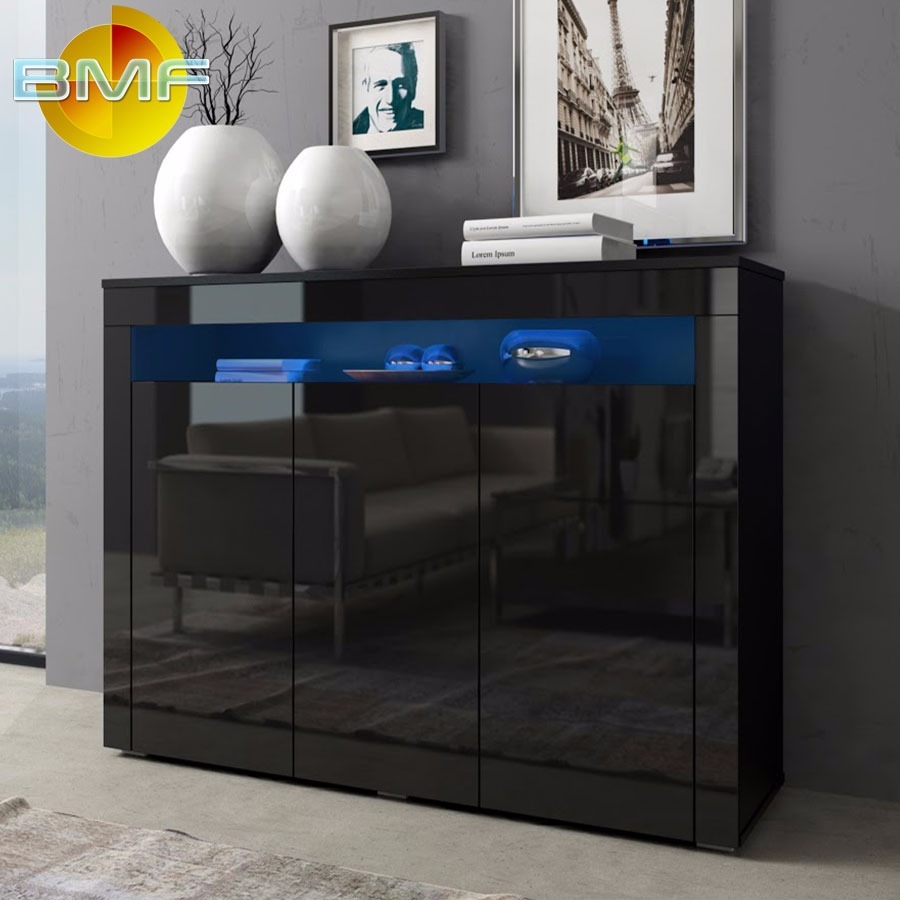 Black High Gloss Modern Sideboard Cupboard 130cm Buffet with 3