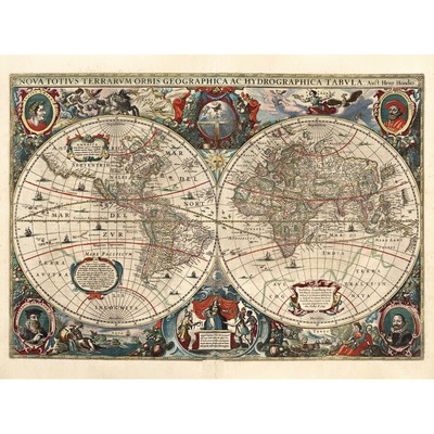 Map Hondius 1641 World Hemispheres Pictorial Canvas Wall Art Print Poster