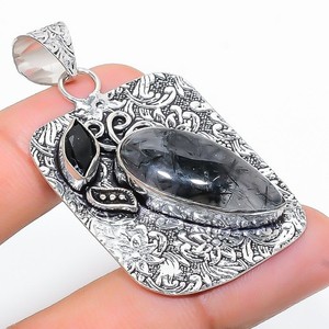 Black Rutile, Spinel Gemstone 925 Sterling Silver Jewelry Pendant 2.01" d968