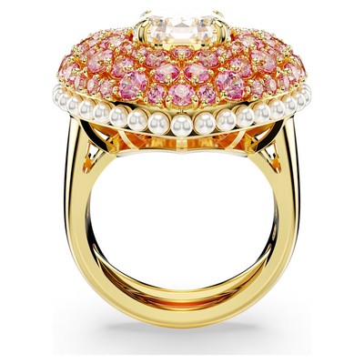 Pre-owned Swarovski Idyllia Cocktail Ring, Crystal Pearls, Heart Pink 5690058 Size 50-55