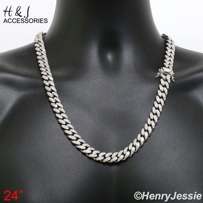 Pre-owned H&j Jewelry 24"men 925 Sterling Silver 12mm Bling Cz Miami Cuban Curb Chain Necklacesn21 In White/colorless