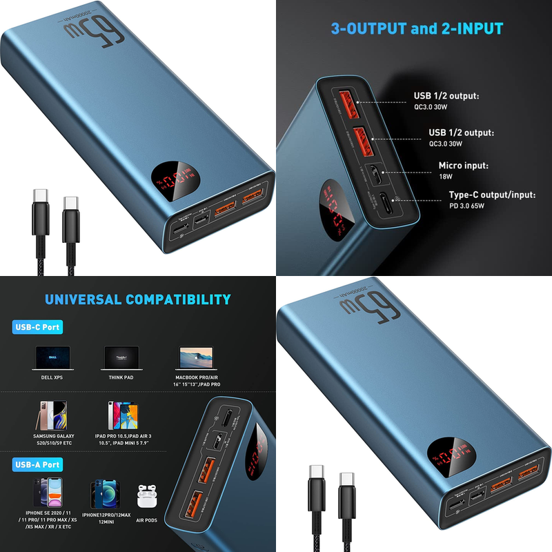 Portable Power Bank 20000mAh Phone Laptop Charger External Fast Charging Battery