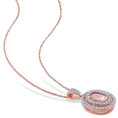 Pre-owned Amour 3/4 Ct Tgw Morganite And 1/3 Ct Tw Diamond Double Halo Pendant With Chain In Pink