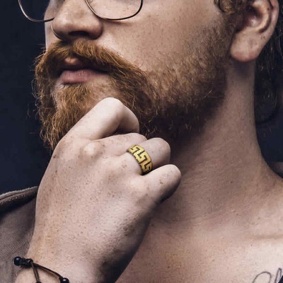 Pre-owned Amour Men's Greek Key Design Ring In 14k Yellow Gold
