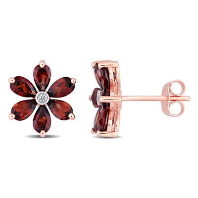 Pre-owned Amour 3 1/4 Ct Tgw Garnet And Diamond Accent Floral Stud Earrings In 10k Rose In Pink