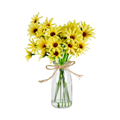 French Country Artificial Yellow Chrysanthemum in Glass Vase