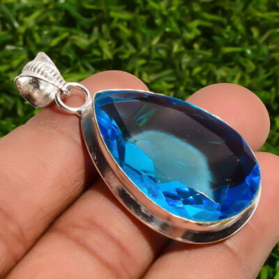 Swiss Blue Topaz Gemstone Handmade 925 Sterling Silver Jewelry Pear Cut Pendant