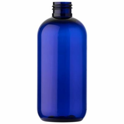 Cobalt Blue PET 8oz Plastic Boston Round Bottles-Disc Cap,Pump Sprayer,etc