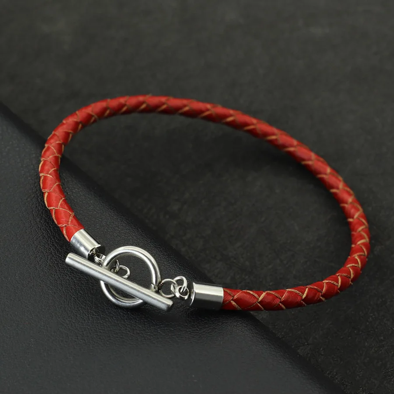 Mens Genuine Leather Bracelet Stainless Steel OT Buckle Bangle 4Mm Thin Braided 