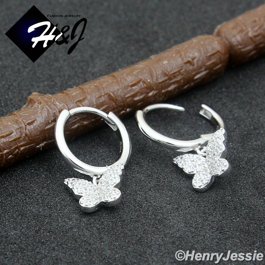 WOMEN SOLID 925 STERLING SILVER ICY CZ BUTTERFLY DANGLE HUGGIE HOOP EARRING*E253