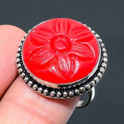 Italian Red Coral Gemstone Handmade 925 Sterling Silver Jewelry Ring 9.5" Q532
