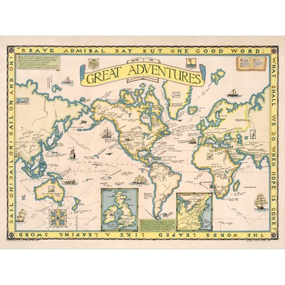 Map Paine 1928 Great Adventures World Canvas Wall Art Print Poster