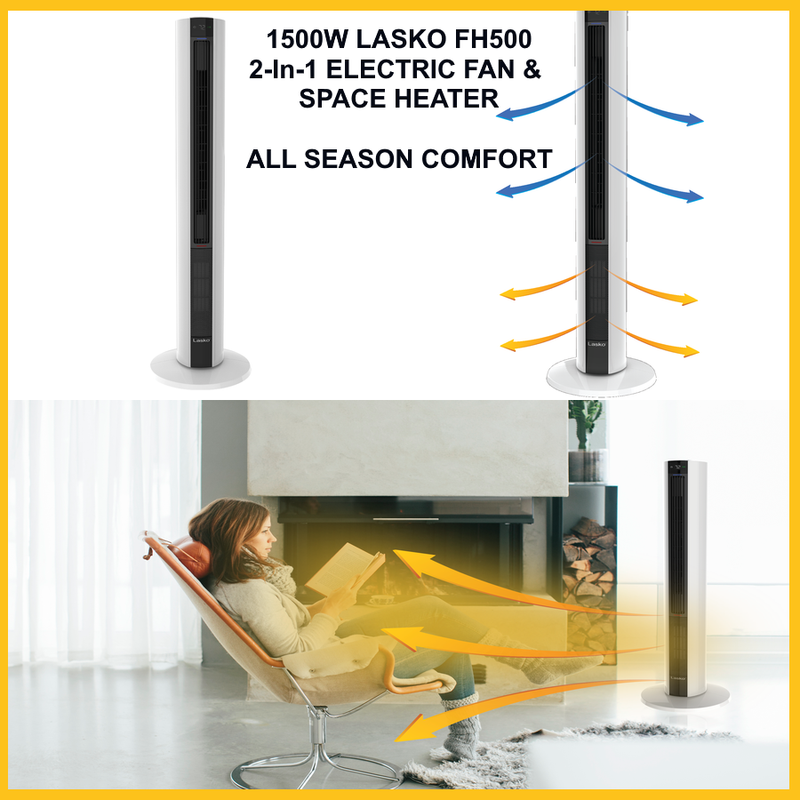 2-In-1 Electric Tower Fan & Space Heater w/ Remote Control 1500W Lasko, White