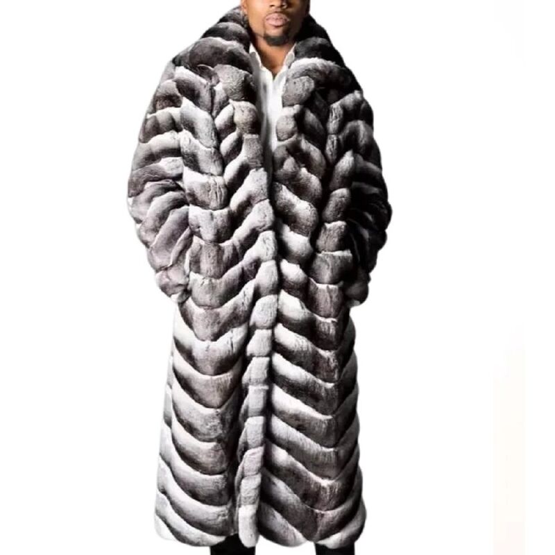 2022 Winter Men Chinchilla Real Rex Rabbit Fur Coat With Lapel Warm Long Outwear