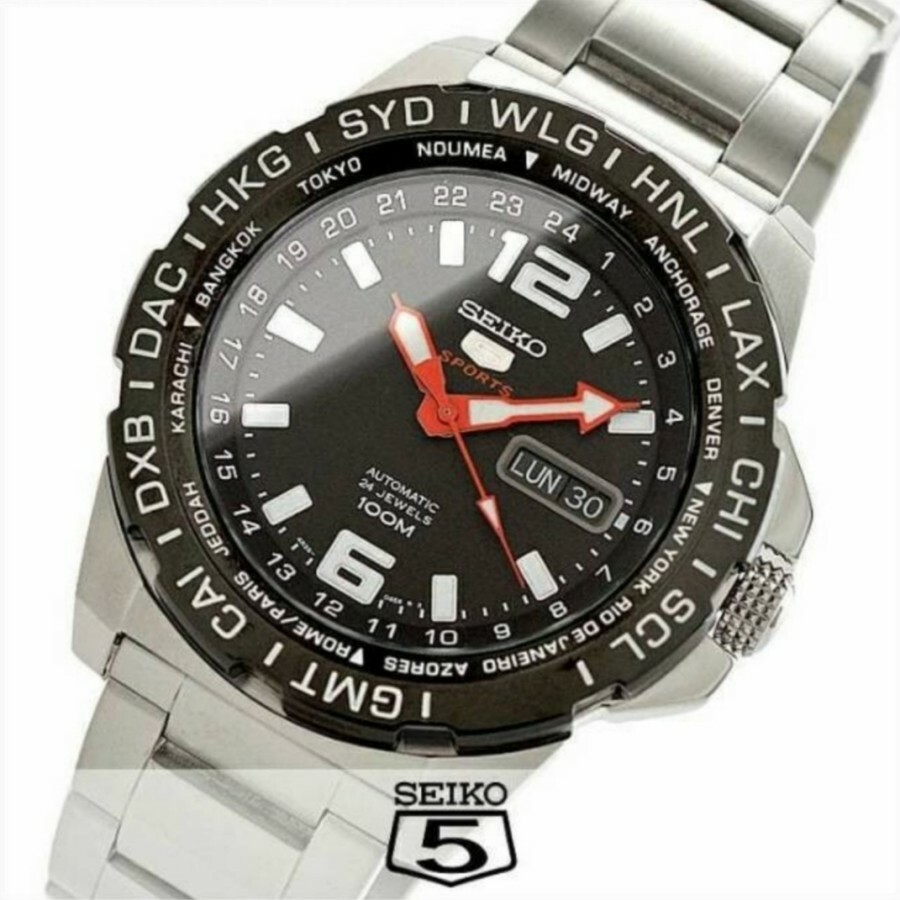 Pre-owned Seiko 5 Sports Srp685k1 Gmt Automatic 4r36-0c4c Watch World Time Steel Hardlex