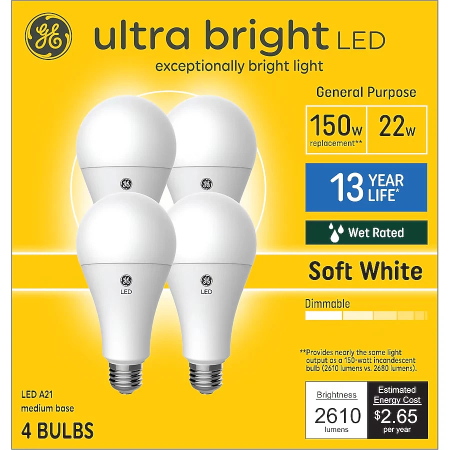 Lot 4 GE LED Light Bulb Ultra Bright 22W 150W A21 Medium 93130657 Soft White NEW