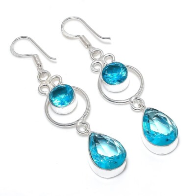 Swiss Blue Topaz Gemstone Handmade 925 Sterling Silver Jewelry Earring Size 2''