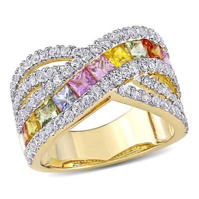Pre-owned Amour 3 3/4 Ct Tgw Multi-color Sapphire Crisscross Ring In 14k Yellow Gold
