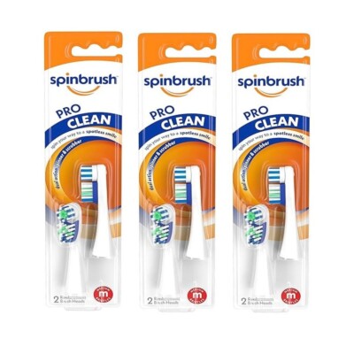 Spinbrush Pro Clean Replacement Heads, Medium Bristles,2 Pack with 6 Toothbrush