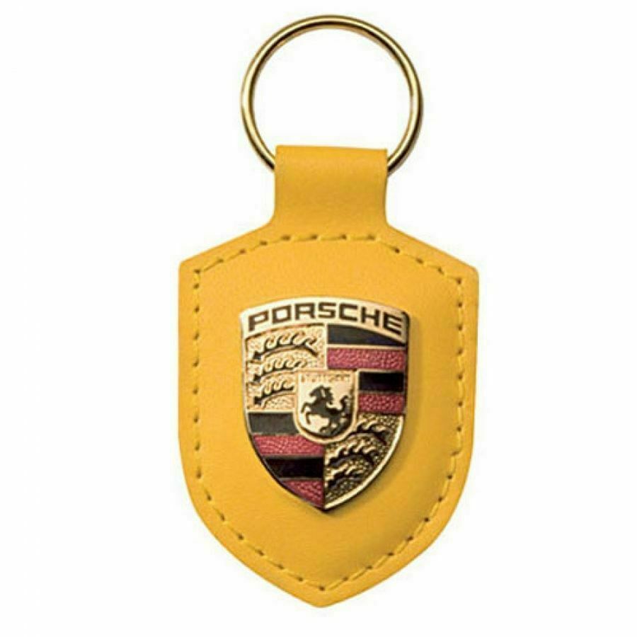 Gold Yellow Porsche Crest Keyring Key Chain Leather New In Packaging