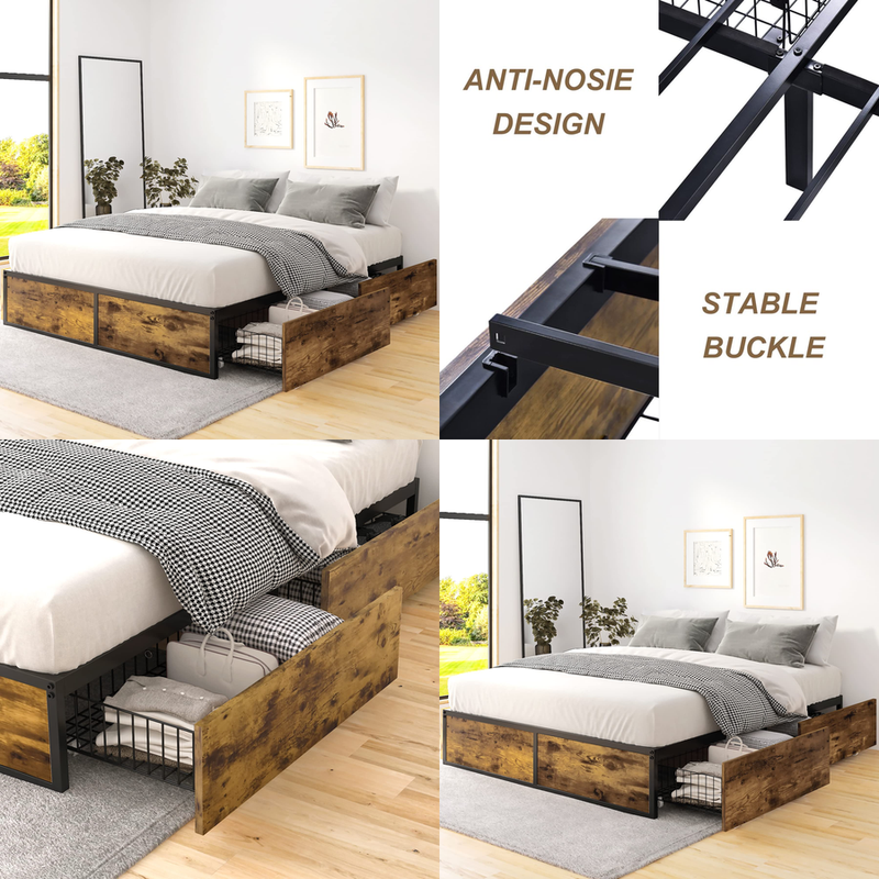 With 4 Storage Drawers Footboard Wooden Panel Design