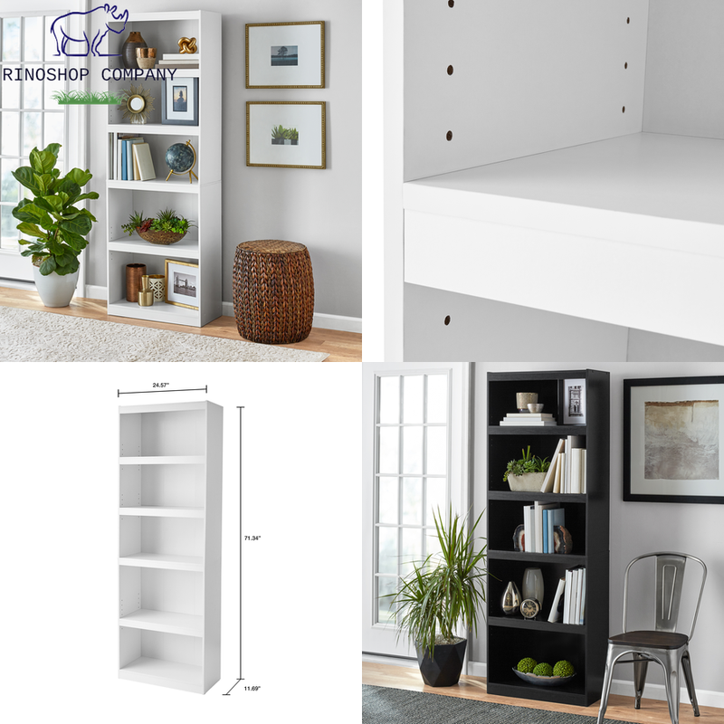 Framed 5-Shelf Bookcase 71&Prime; Tall Adjustable Wood Storage Shelving Wide Bookshelf