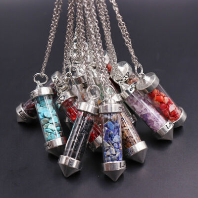 12pcs 7 Chakra Wishing Bottle Pendulum Reiki Natural Chip Stone Pendant Necklace