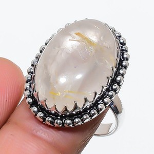 Golden Rutile Gemstone Handmade 925 Sterling Silver Jewelry Ring Size 8 q880