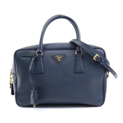 Auth PRADA Logo Handbag Crossbody Shoulder Bag Navy Leather/Goldtone - 99846f