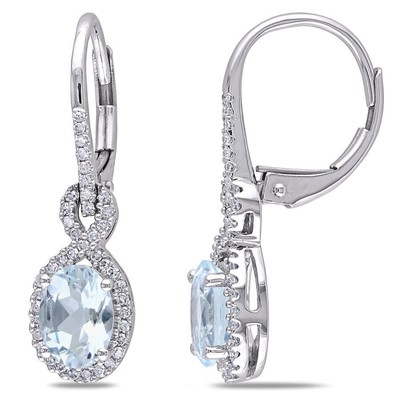 Pre-owned Amour Oval Aquamarine And 1/4 Ct Tw Diamond Leverback Earrings In 10k White Gold