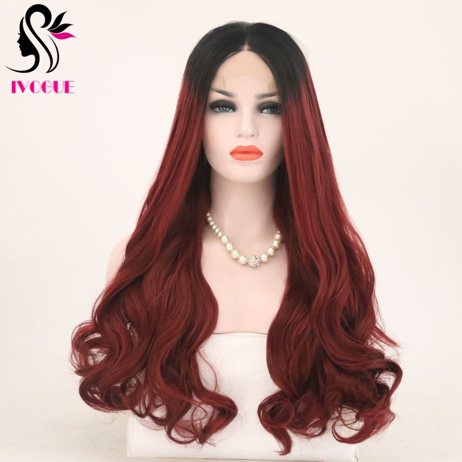 Long Synthetic Lace Front Wig Ombre Burgundy Wavy Full Fiber Hair