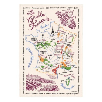 TORCHONS & BOUCHONS, ''FRENCH WINE MAP'' FRENCH KITCHEN / TEA TOWEL, NEW