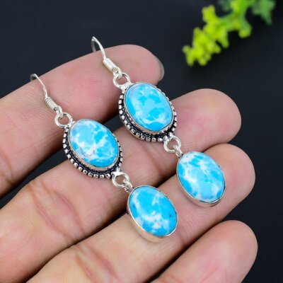 Natural Larimar Gemstone Handmade 925 Sterling Silver Gift Earring 2.21'' Love L0