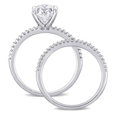 Pre-owned Amour 2 Ct Dew Oval Created Moissanite And 1/4 Ct Tw Diamond Bridal Ring Set In In White