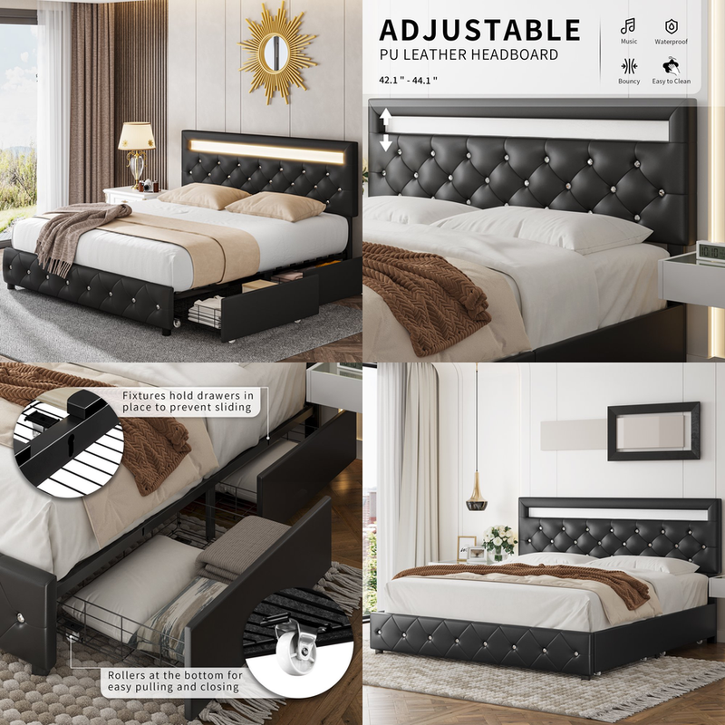 Upholstered Button Tufted Headboard Led Storage Drawer King