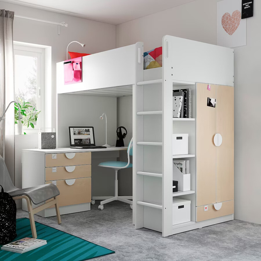 White Ikea SMASTAD loft bed (high sleeper) with desk, wardrobe and