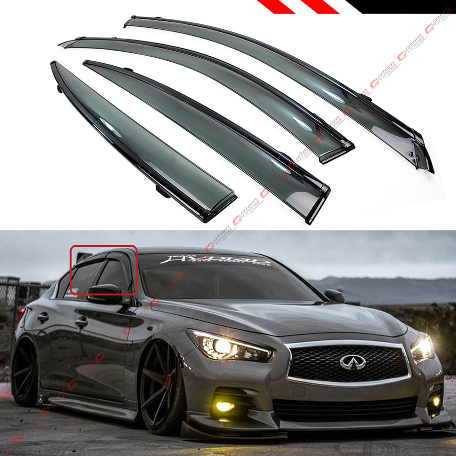 VIP JDM CLIP-ON SMOKE TINTED WINDOW VISOR W/ BLACK TRIM FOR 14-2024 INFINITI Q50