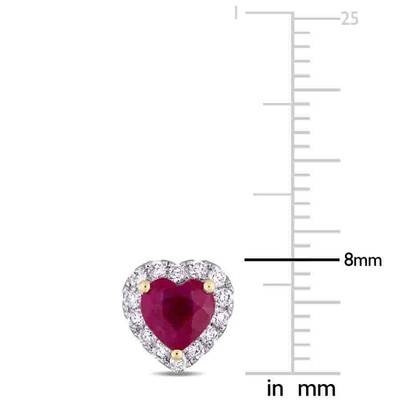 Pre-owned Amour Heart Shape Ruby And 1/3 Ct Tw Diamond Halo Stud Earrings In 14k White
