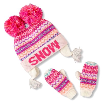 

THE CHILDRENS PLACE GIRL 2PC SNOW NEON FAIR ISLE ШАПКА ВАРЕЖКИ ТРИКОТАЖНЫЙ КОМПЛЕКТ M2T-3T, Off-white/neon multi color