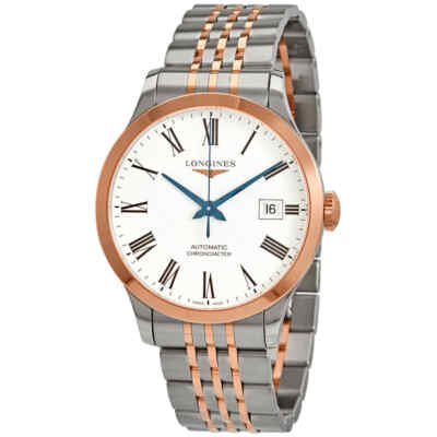 Двухцветные мужские часы Longines Record с автоматическим белым циферблатом L28205117