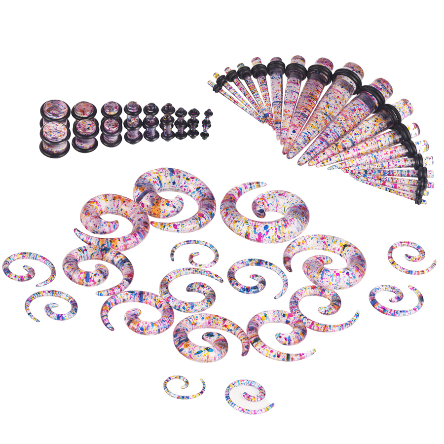 54pcs Ear Gauges Kit 14G-00G Glitter Spiral Taper Plugs Stretching Set 13 Colors