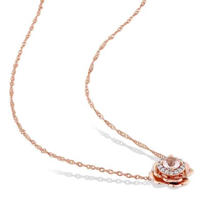 Pre-owned Amour Morganite And 1/10 Ct Tw Diamond Halo Flower Pendant With Chain In 10k In Check Description