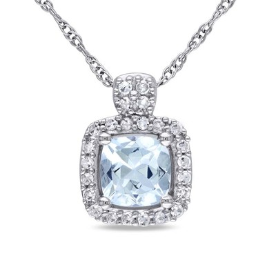 Pre-owned Amour Cushion Cut Aquamarine And 1/10 Ct Tw Diamond Pendant With Chain In 10k In Check Description