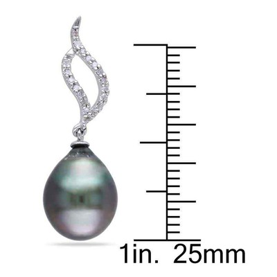 Pre-owned Amour 9 - 9.5 Mm Black Tahitian Cultured Pearl And 1/10 Ct Tw Diamond Flame Drop In White