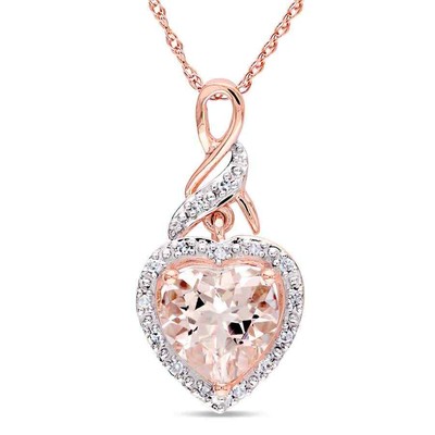 Pre-owned Amour Halo Diamond And Heart Shaped Morganite Pendant With Chain In 10k Rose In Check Description
