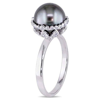 Pre-owned Amour 9.5 - 10 Mm Black Tahitian Pearl And 1/4 Ct Tw Diamond Cocktail Ring In In Check Description