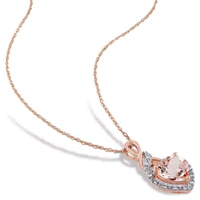 Pre-owned Amour Halo Diamond And Heart Shaped Morganite Pendant With Chain In 10k Rose In Check Description