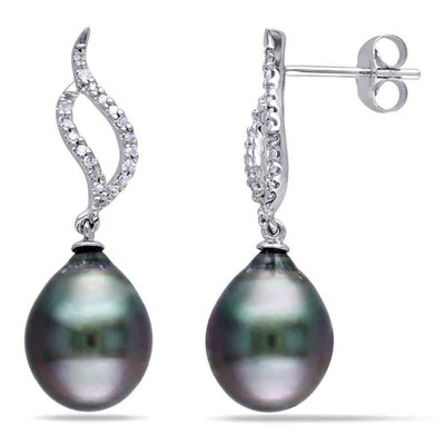 Pre-owned Amour 9 - 9.5 Mm Black Tahitian Cultured Pearl And 1/10 Ct Tw Diamond Flame Drop In White