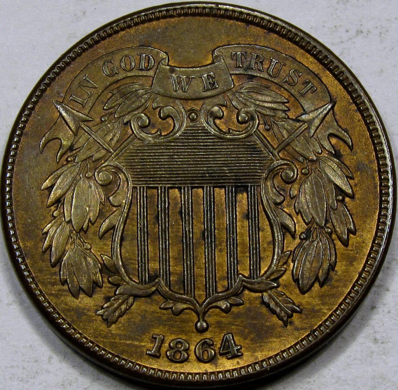1864 Lg. Motto Two Cent Piece  Gem BU+ RB...